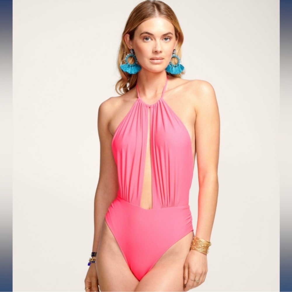 Ramy Brook Annka Halter One Piece Swimsuit Neon Pink